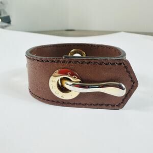 Tod's Brown Leather Toggle Cuff Bracelet Gold Tone Logo Hardware 8in Designer
